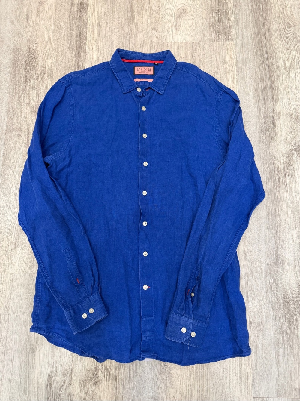 Thomas Pink Pure Linen Blue Long Sleeve Button Up Shirt XL